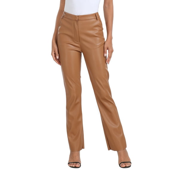 HDE Women's Faux Leather Pants High Waisted Trousers with Pockets Camel Brown - L