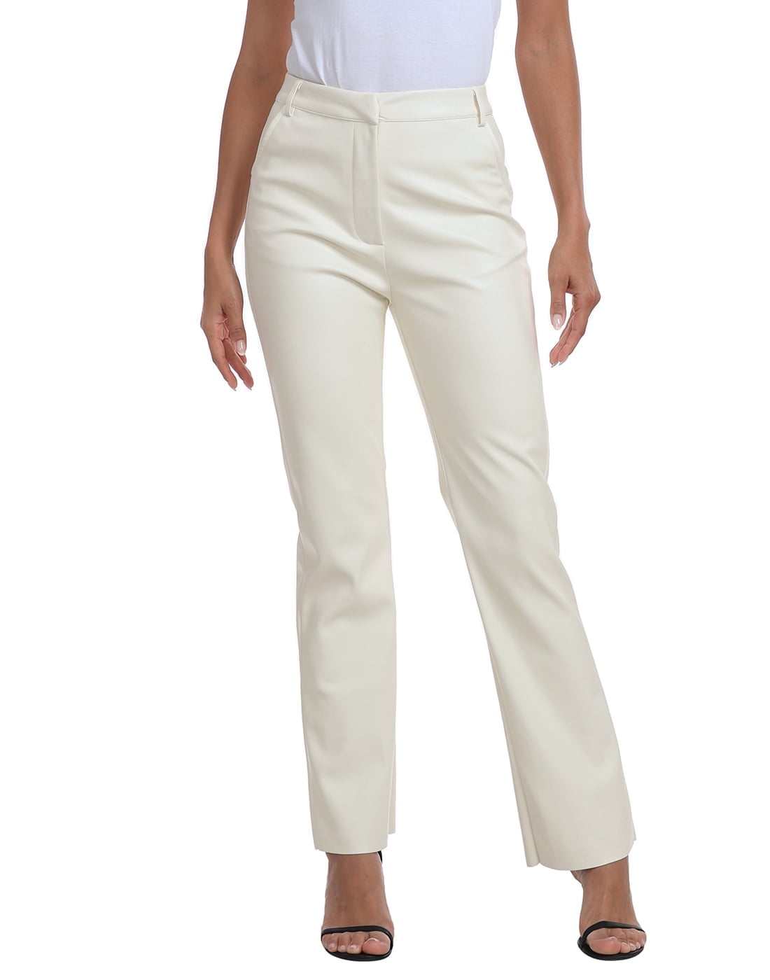 HDE Women s Faux Leather Pants High Waisted Trousers with Pockets Cream White L