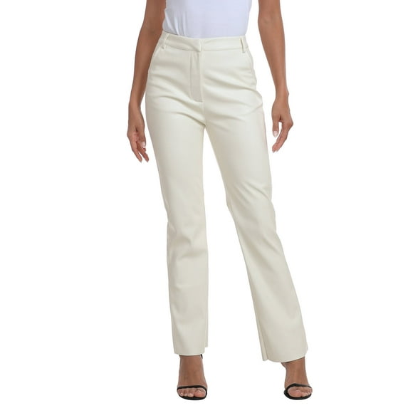 HDE Women's Faux Leather Pants High Waisted Trousers with Pockets Cream White - L