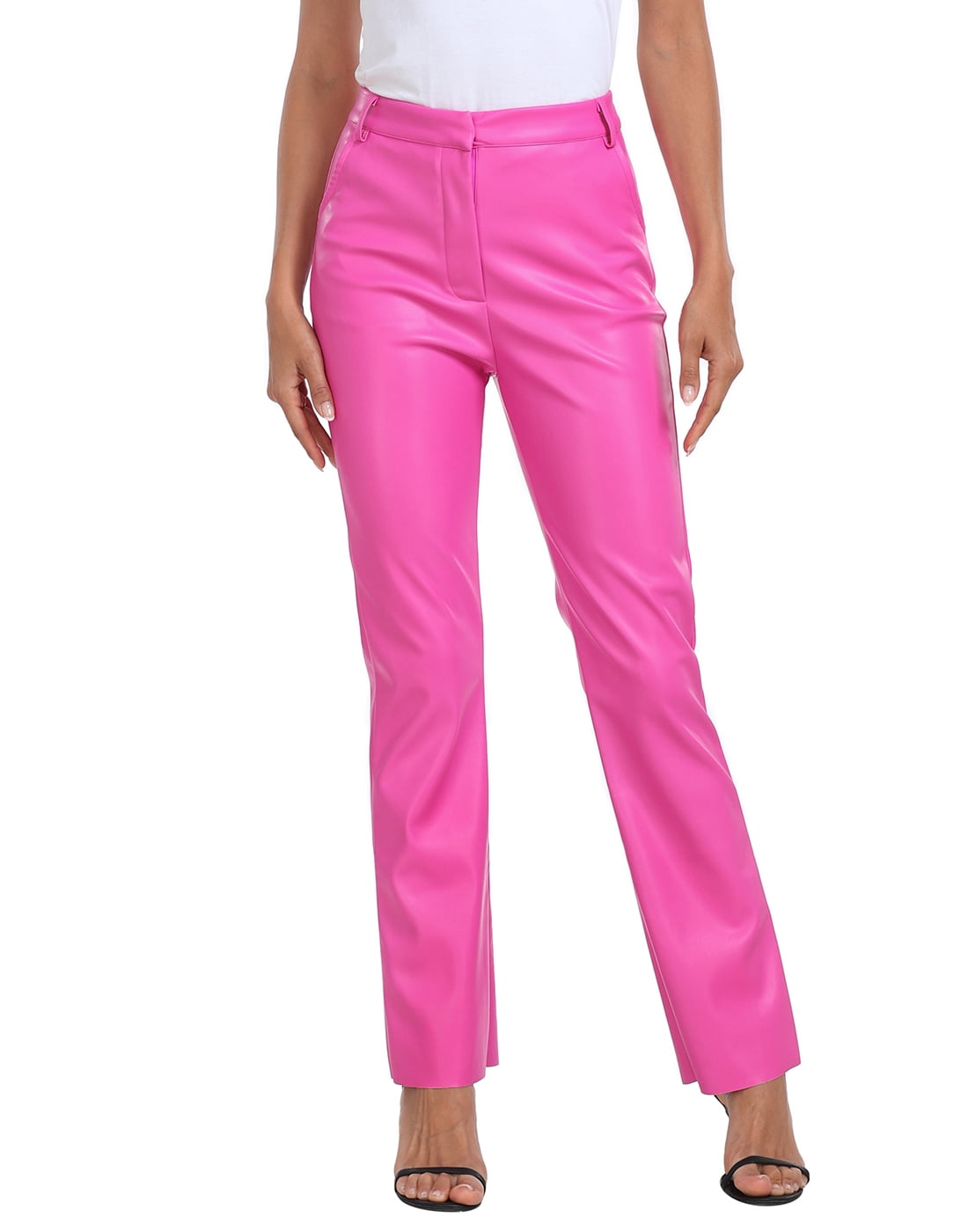 HDE Women's Faux Leather Pants High Waisted Trousers with Pockets Hot Pink - S