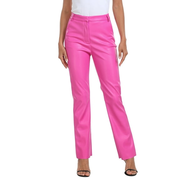 HDE Women's Faux Leather Pants High Waisted Trousers with Pockets Hot Pink - S