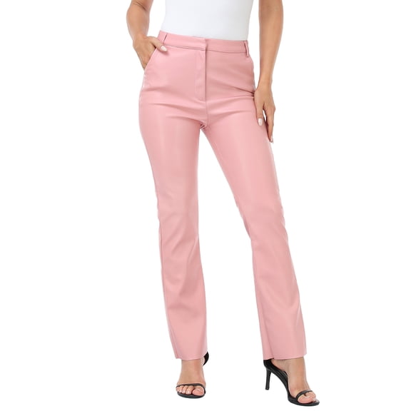 HDE Women's Faux Leather Pants High Waisted Trousers with Pockets Pink L