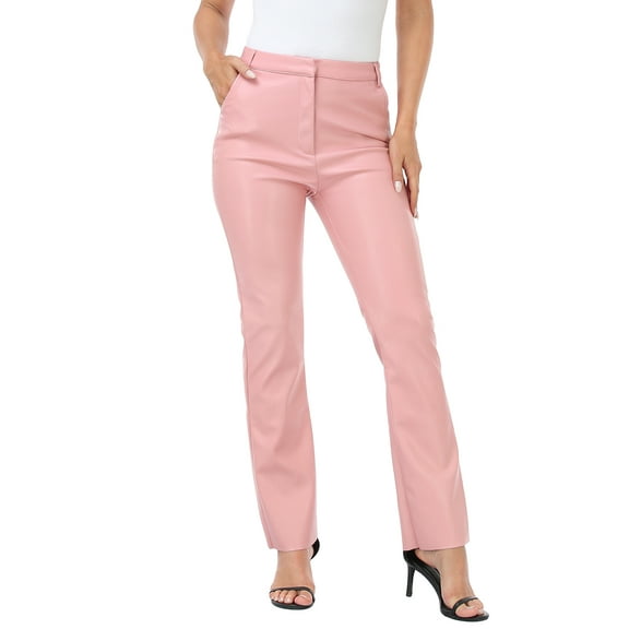 HDE Women's Faux Leather Pants High Waisted Trousers with Pockets Pink XL