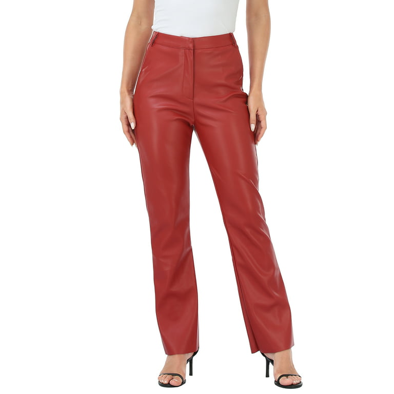 HDE Women's Faux Leather Pants High Waisted Trousers with Pockets Red M