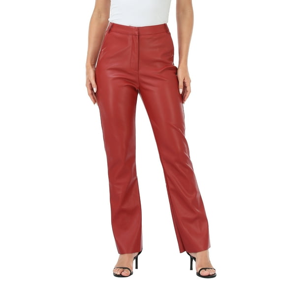 HDE Women's Faux Leather Pants High Waisted Trousers with Pockets Red S