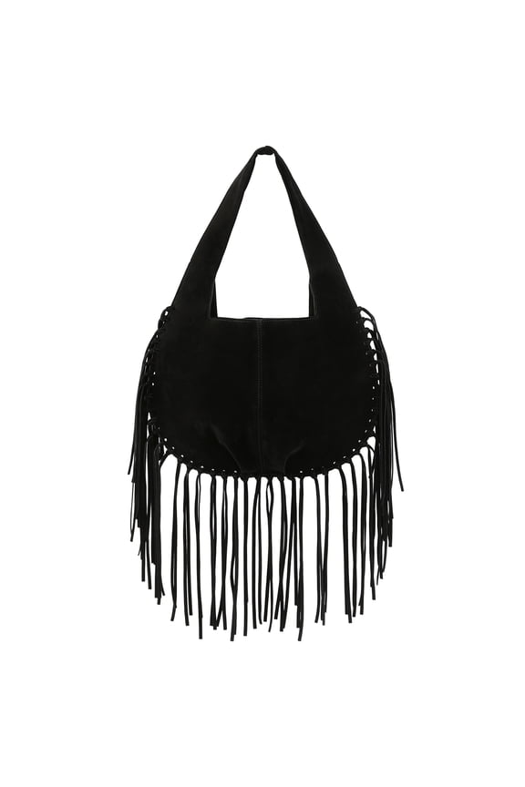Women's Faux Suede Leather Bag Fringe Tassel Shoulder Purse Black