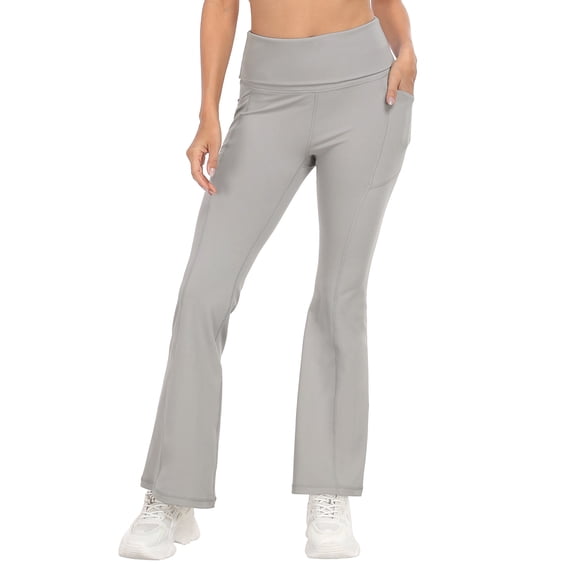HDE Women's Fold Over Yoga Pant Workout Leggings with Pockets Light Gray XL