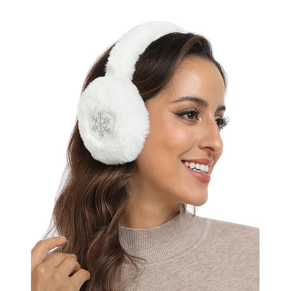 HDE Women's Fuzzy Faux Fur Earmuffs with Rhinestone Charms White Snowflake Charm