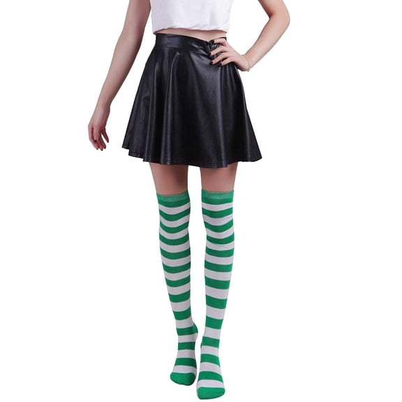 HDE Women's Green and White Striped Socks Over Knee High Extra Long Stockings