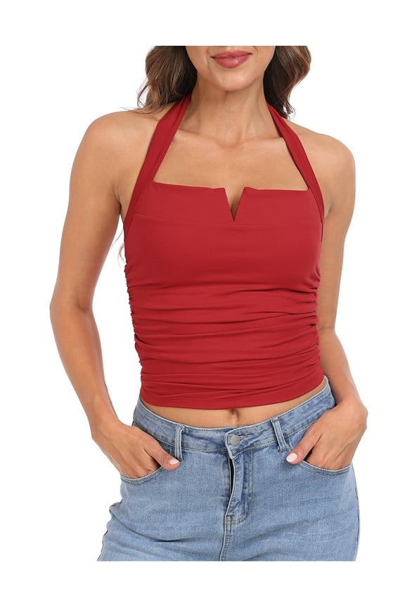 Women's Halter Top with Built in Bra Basic Summer Tops Red M