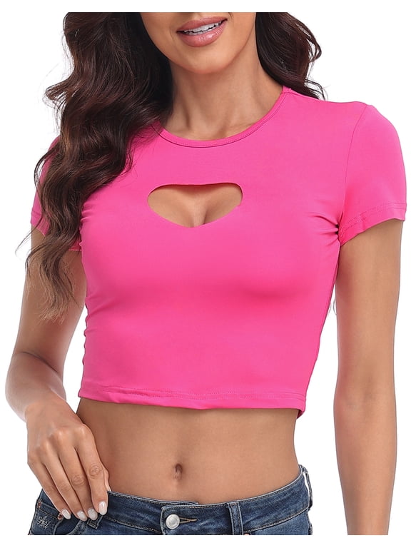 Women's Heart Cut Out Crop Top Short Sleeve T Shirt Hot Pink - S