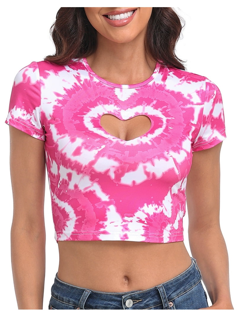 HDE Women's Heart Cut Out Crop Top Short Sleeve T Shirt Pink Tie