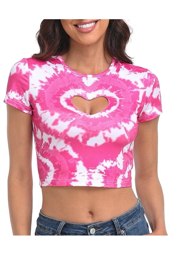 Women's Heart Cut Out Crop Top Short Sleeve T Shirt Pink Tie Dye - XS
