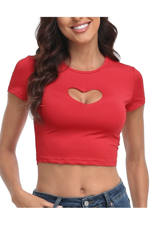 Women's Heart Cut Out Crop Top Short Sleeve T Shirt Red - M