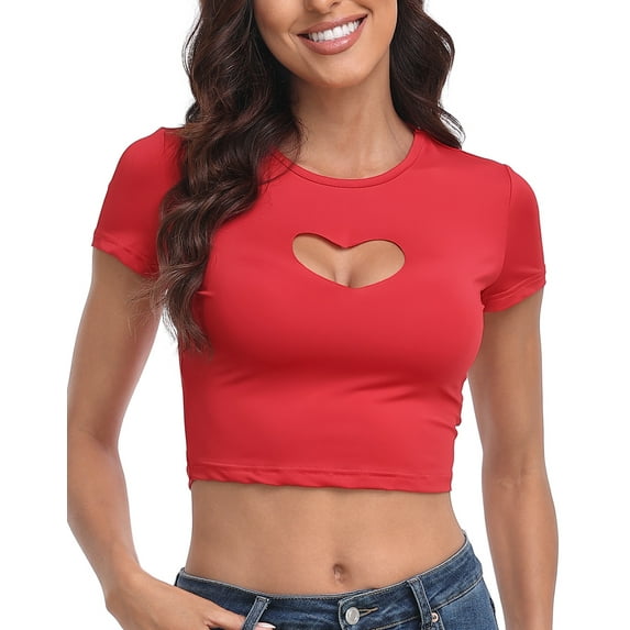 HDE Women's Heart Cut Out Crop Top Short Sleeve T Shirt Red - XS