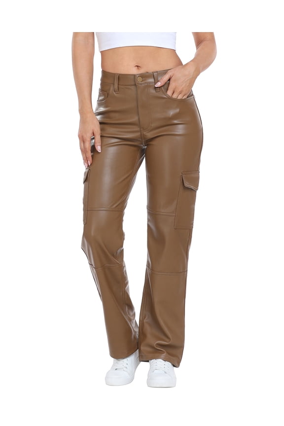 Women's High Waisted Faux Leather Cargo Pants with Pockets Brown 30