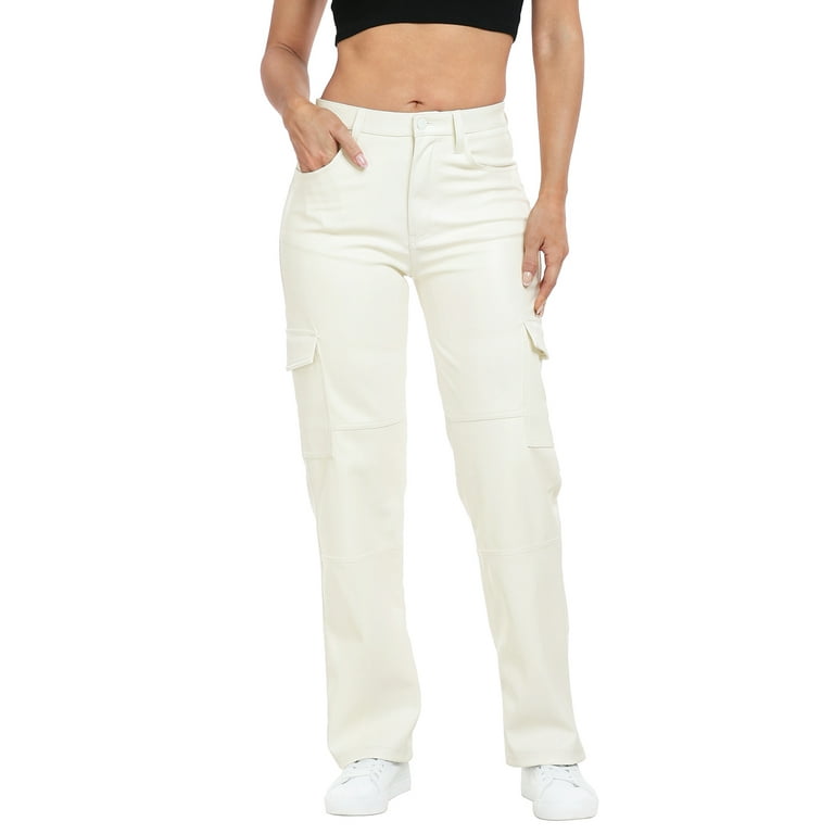 HDE Women's High Waisted Faux Leather Cargo Pants with Pockets Cream White  34