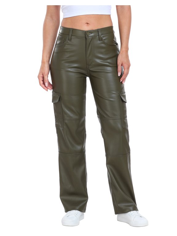 Women's High Waisted Faux Leather Cargo Pants with Pockets Green 27