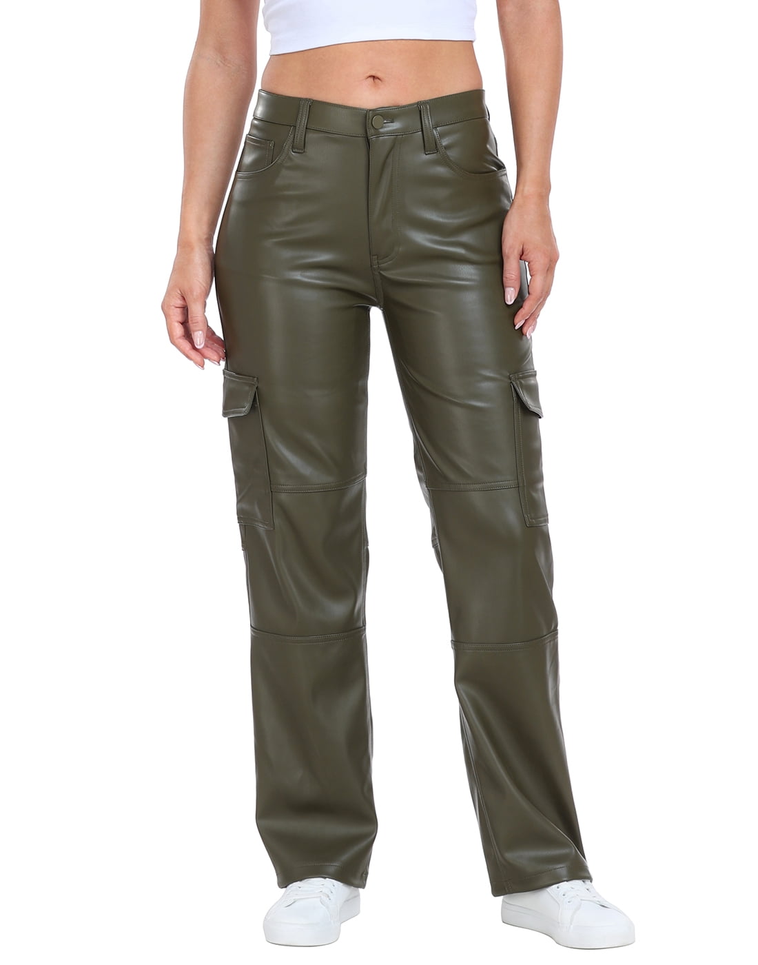 HDE Women's High Waisted Faux Leather Cargo Pants with Pockets Brown 28 
