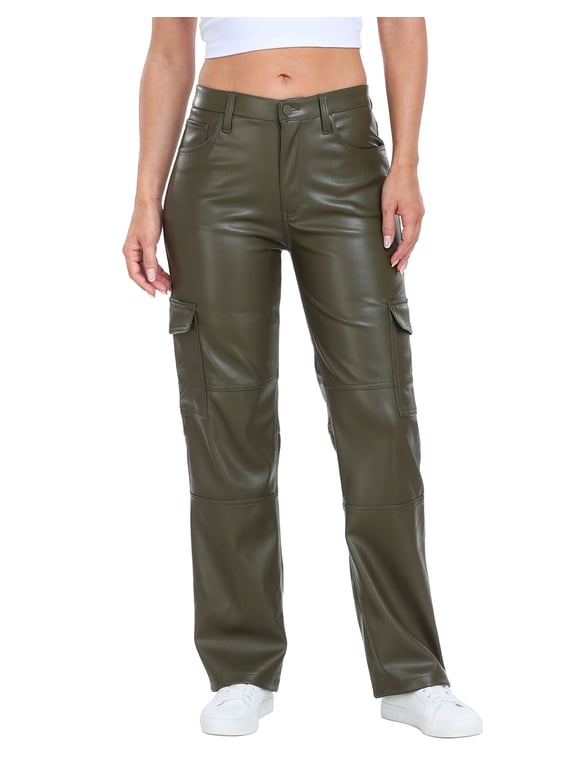 Women's High Waisted Faux Leather Cargo Pants with Pockets Green 29