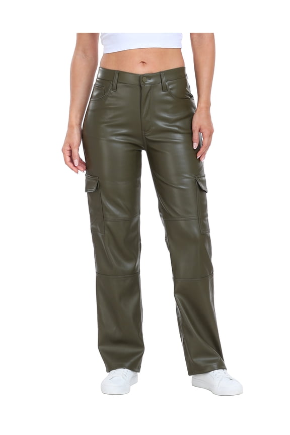 Women's High Waisted Faux Leather Cargo Pants with Pockets Green 31