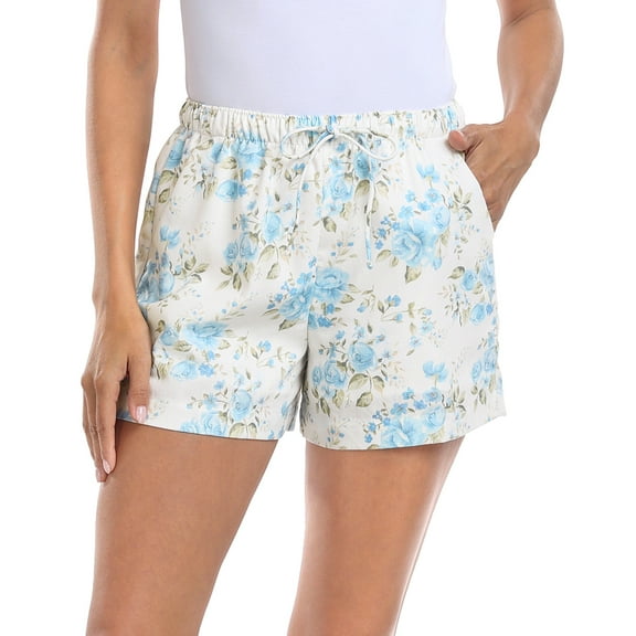 HDE Women's High Waisted Linen Blend 4" Inseam Drawstring Shorts Blue Floral XS
