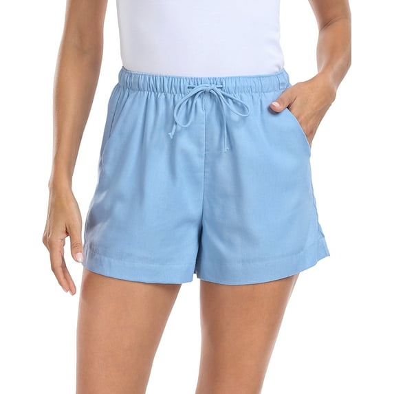 HDE Women's High Waisted Linen Blend 4" Inseam Drawstring Shorts Blue XS