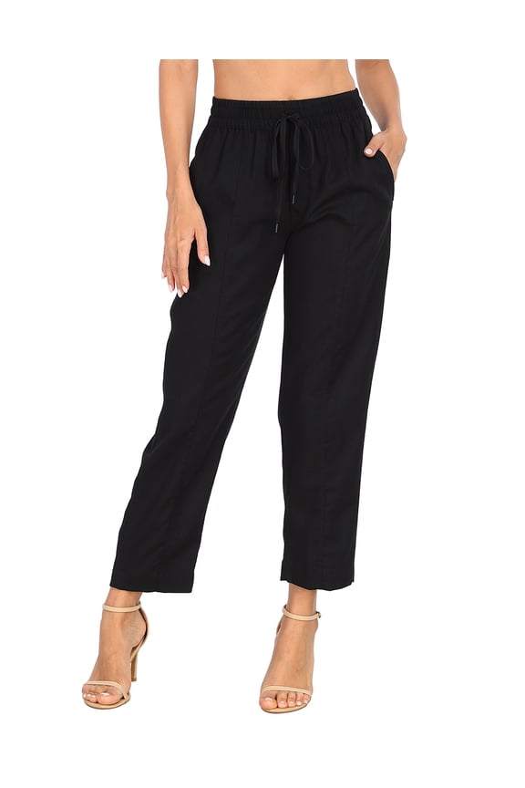 Women's Linen Blend Pull On Drawstring Pants with Pockets Black L