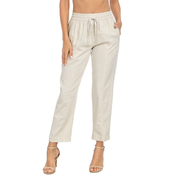 HDE Women's Linen Blend Pull On Drawstring Pants with Pockets Khaki Sand M