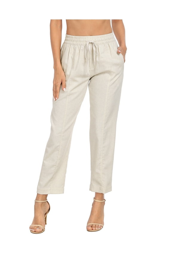 Women's Linen Blend Pull On Drawstring Pants with Pockets Khaki Sand M