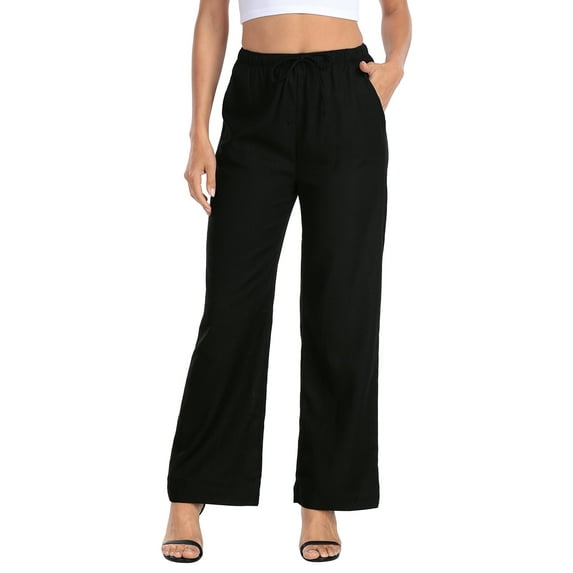 HDE Women's Linen Drawstring Pants Wide Leg Trouser with Pockets Black - L Short