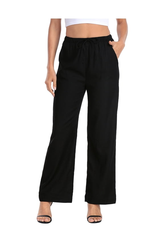 Women's Linen Drawstring Pants Wide Leg Trouser with Pockets Black - XXL Short