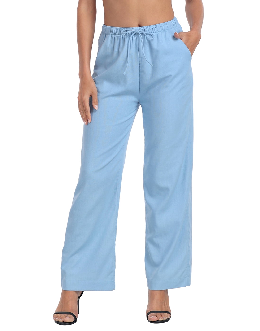 HDE Women's Linen Drawstring Pants Wide Leg Trouser with Pockets Blue