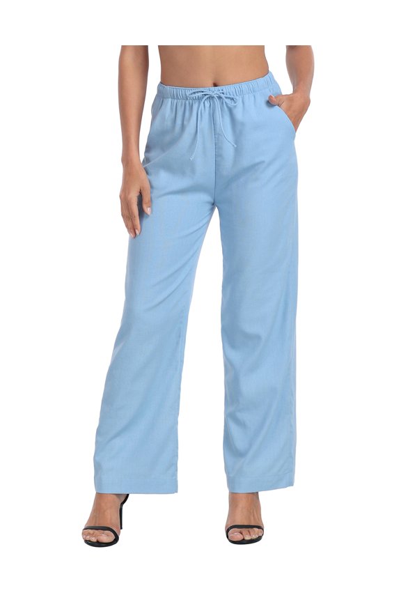 Women's Linen Drawstring Pants Wide Leg Trouser with Pockets Blue - XXL
