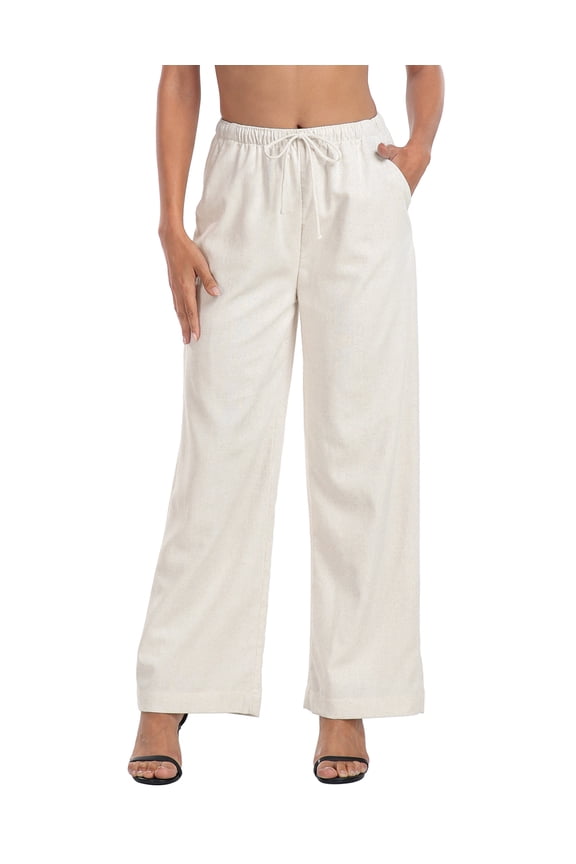 Women's Linen Drawstring Pants Wide Leg Trouser with Pockets Khaki Sand - M
