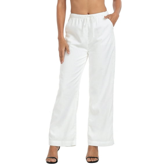 HDE Women's Linen Drawstring Pants Wide Leg Trouser with Pockets White - S Short
