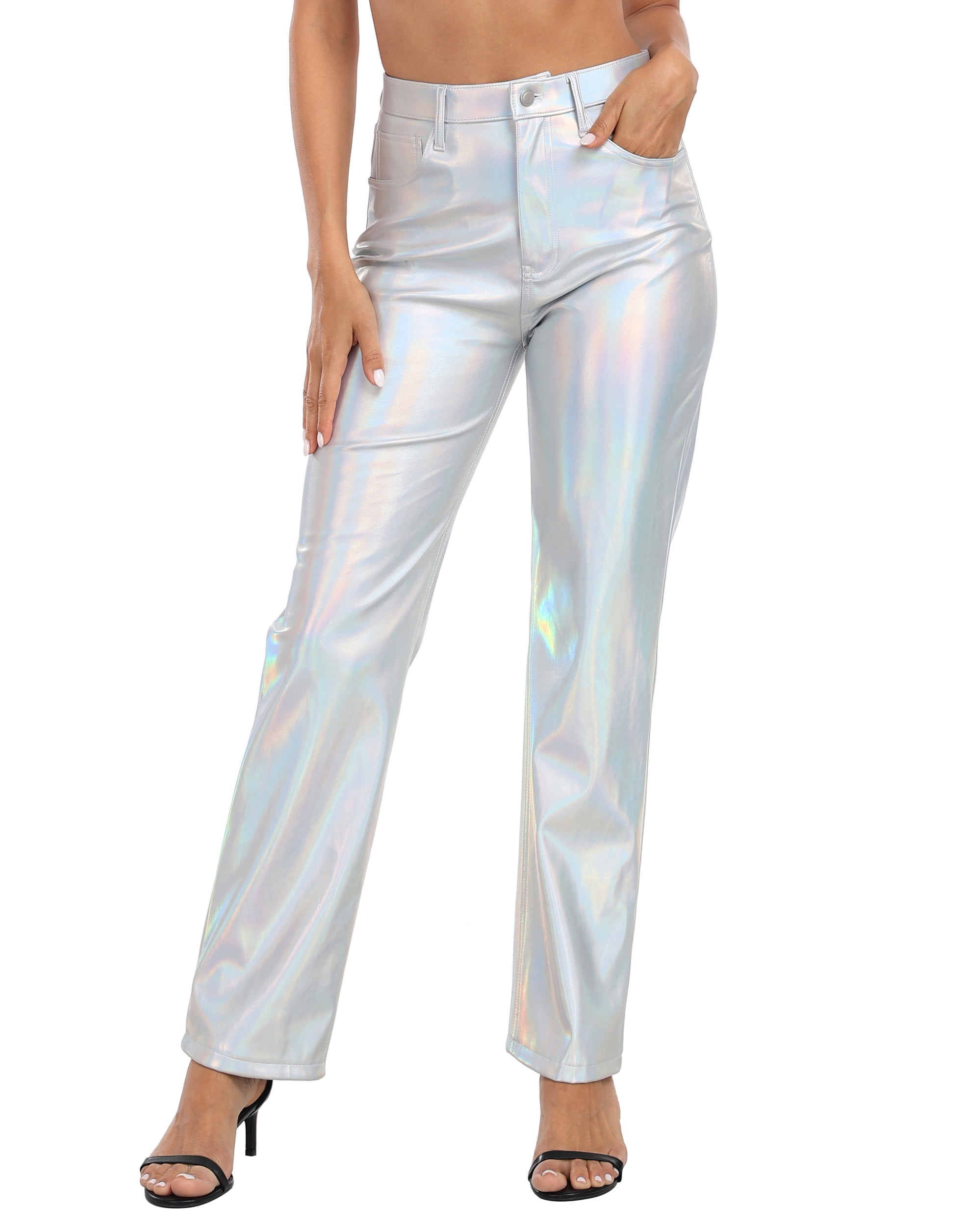 HDE Women's Metallic Faux Leather Pants High Waisted Trousers ...
