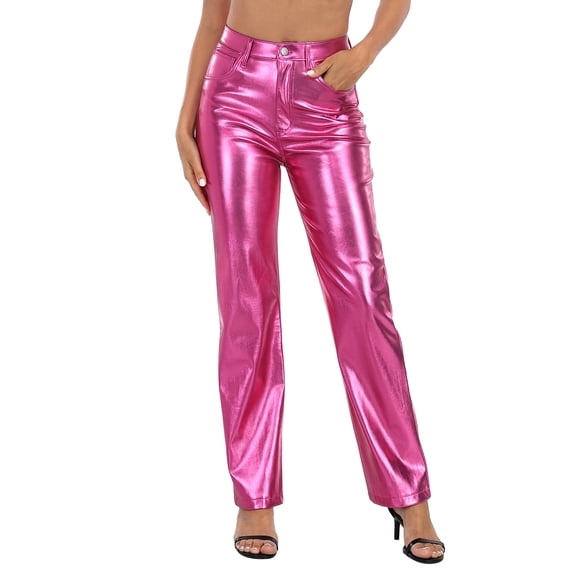 HDE Women's Metallic Faux Leather Pants High Waisted Trousers Hot Pink 8