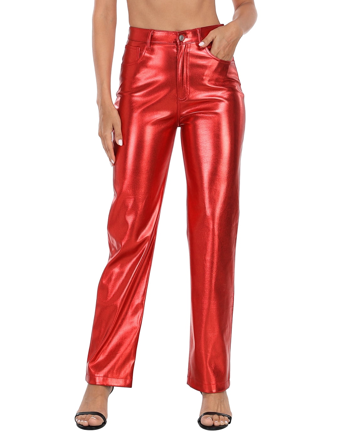 HDE Women's Metallic Faux Leather Pants High Waisted Trousers Red 14