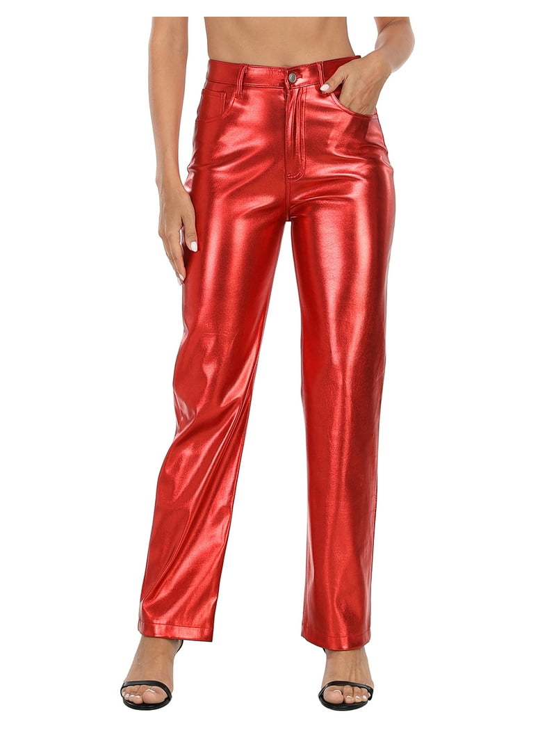 HDE Women's Metallic Faux Leather Pants High Waisted