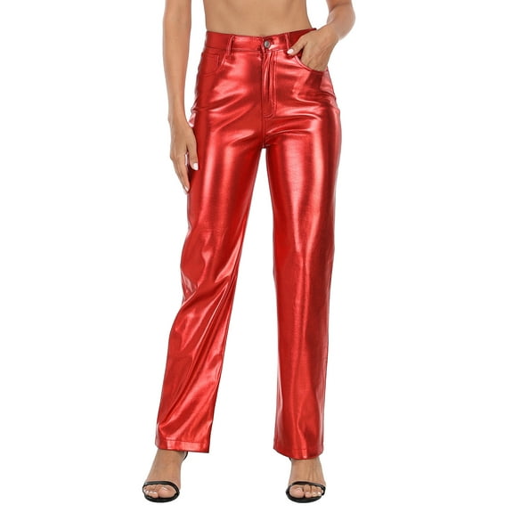 HDE Women's Metallic Faux Leather Pants High Waisted Trousers Red 8