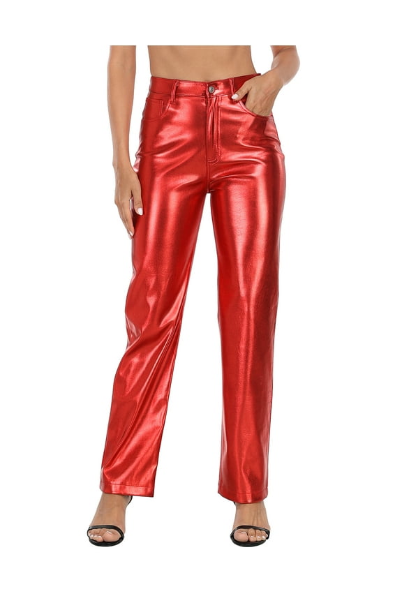 Women's Metallic Faux Leather Pants High Waisted Trousers Red 8
