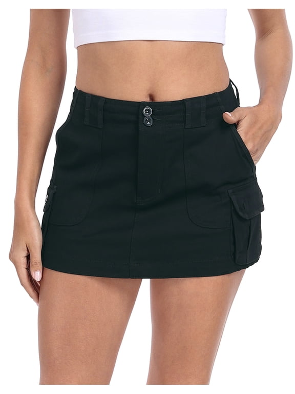 Women's Micro Mini Mid Rise Cargo Skirt with Pockets Black M