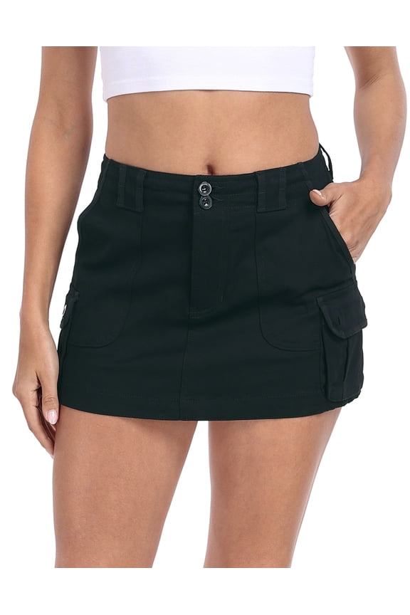 Women's Micro Mini Mid Rise Cargo Skirt with Pockets Black S