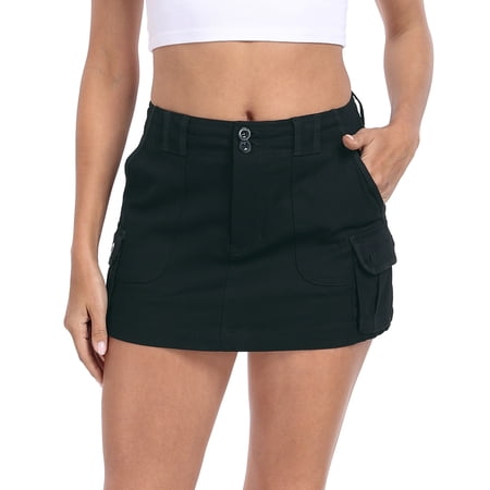 HDE Women's Micro Mini Mid Rise Cargo Skirt with Pockets Black XXL