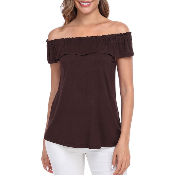 HDE Women's Off Shoulder Top Convertible Ruffle Blouse Tops Brown - XXL