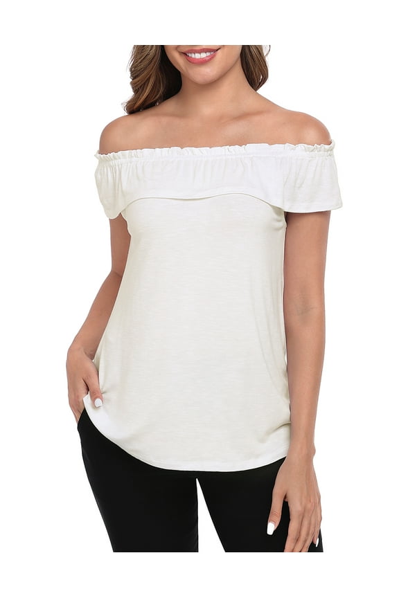 Women's Off Shoulder Top Convertible Ruffle Blouse Tops Ivory White - L