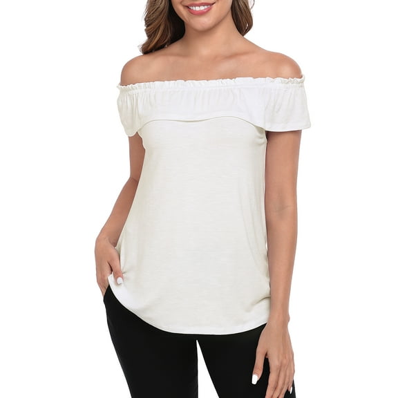 HDE Women's Off Shoulder Top Convertible Ruffle Blouse Tops Ivory White - S