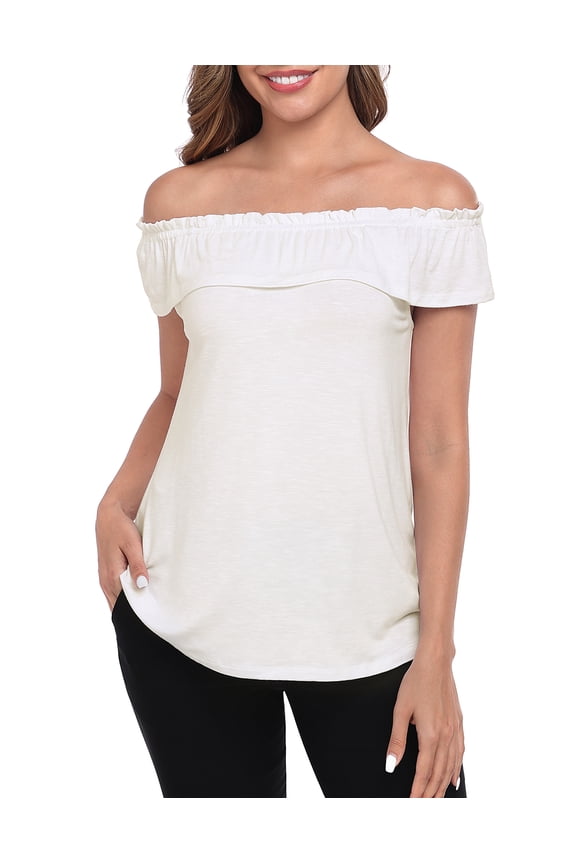 Women's Off Shoulder Top Convertible Ruffle Blouse Tops Ivory White - S
