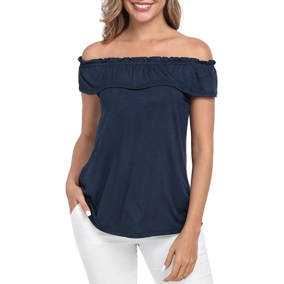 HDE Women's Off Shoulder Top Convertible Ruffle Blouse Tops Navy Blue - M